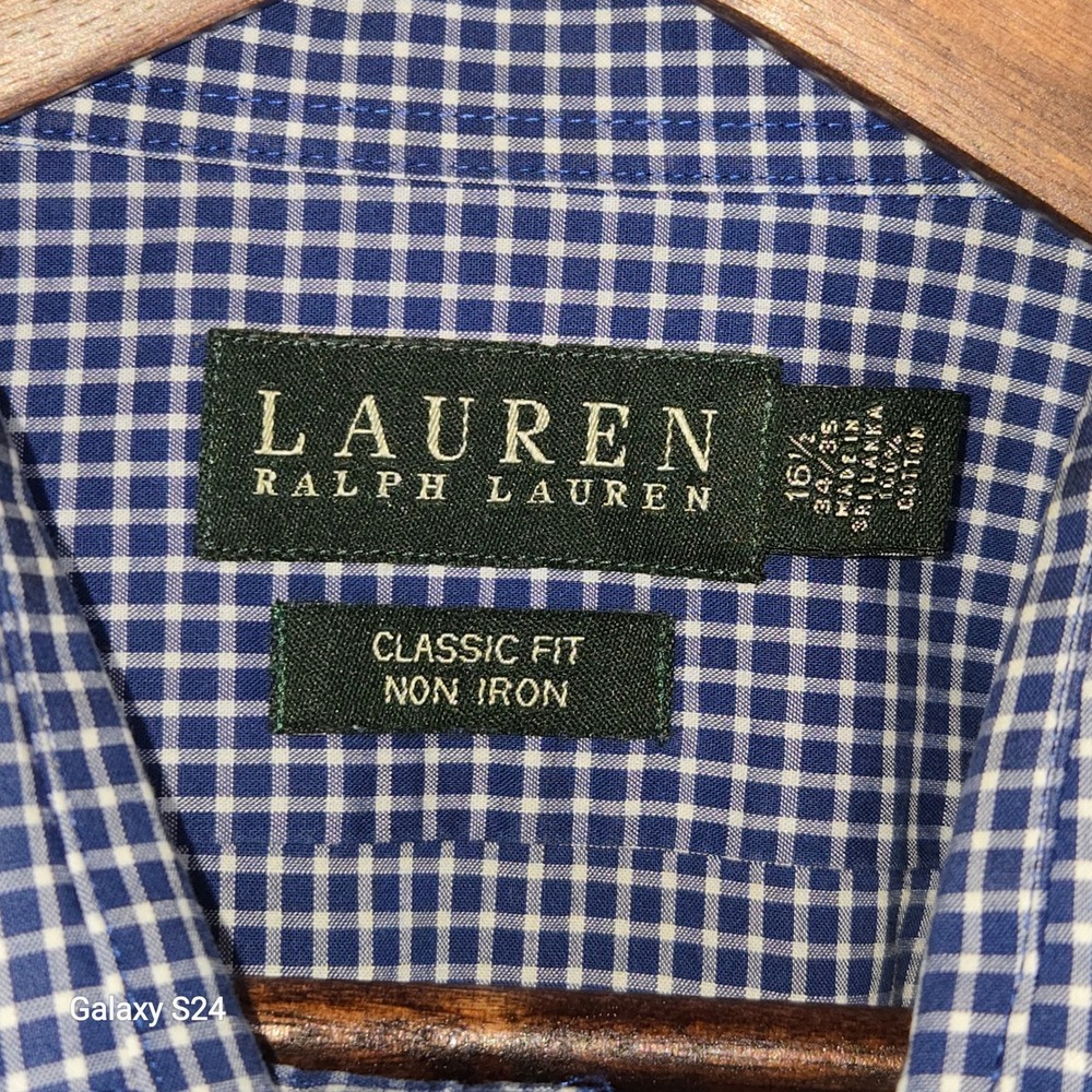 Lauren Ralph Lauren Mens Blue White Micro Check Non Iron Dress Shirt 16.5 34/35 - Picture 2 of 4